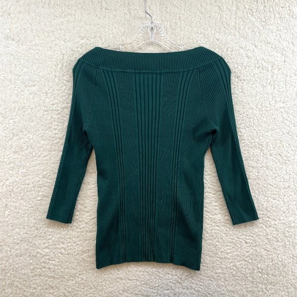 Y2K 2000s It's Our Time Hunter Forest Green Rib Knit V-Neck Wide Shoulder Top L - Picture 2 of 7